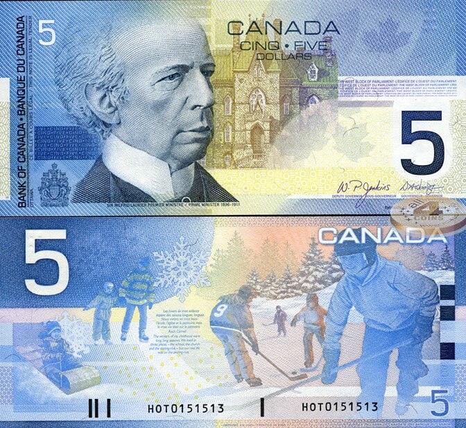 Hình ảnh mặt trước và sau của tờ bạc mệnh giá 5 đôla Canada