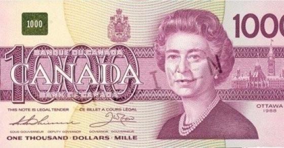 Hình ảnh tờ bạc mệnh giá 1000 đôla Canada
