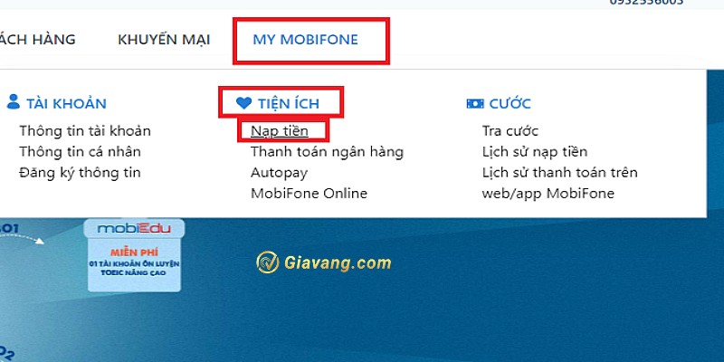 Cách nạp tiền điện thoại Mobi bằng web Mobifone.vn