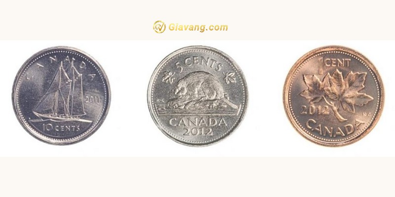 Lần lượt từ trái sang phải là: đồng 10 xu (Dime), 5 xu (Niken), 1 xu (Penny)