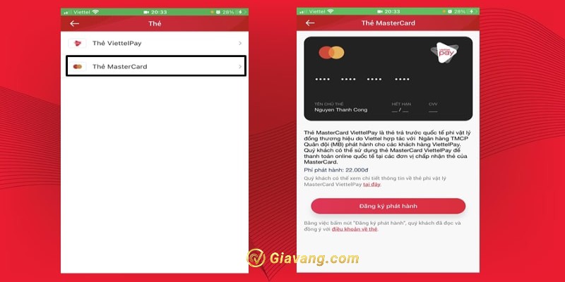 Chọn đăng ký thẻ Mastercard ViettelPay