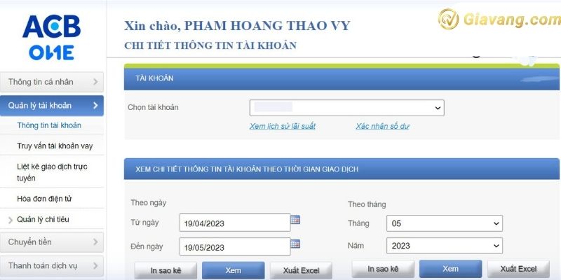 Tra cứu trên hệ thống website ACB Online