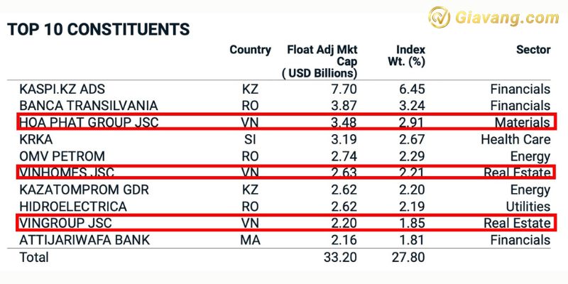 Top 10 cổ phiếu chiếm tỷ trọng cao nhất