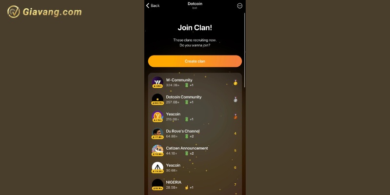 Tham gia clan trong Dotcoin