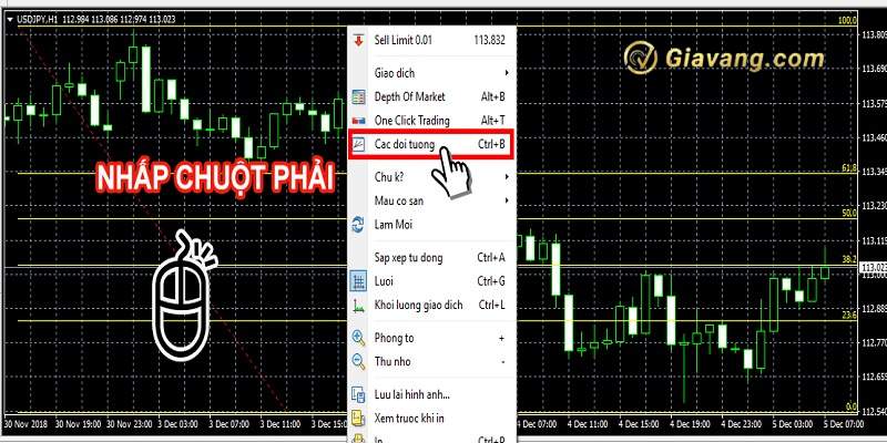 Cai dat Fibonacci retracement Buoc 1