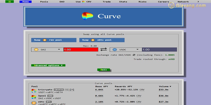 Giao dien chinh cua Curve Finance