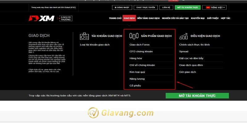 Cac san pham giao dich san XM
